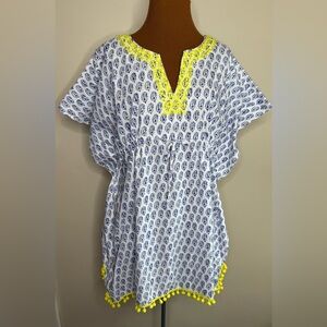 Stella & Dot Blue and Yellow Swim Coverup Cotton Pom Pom Trim One Size